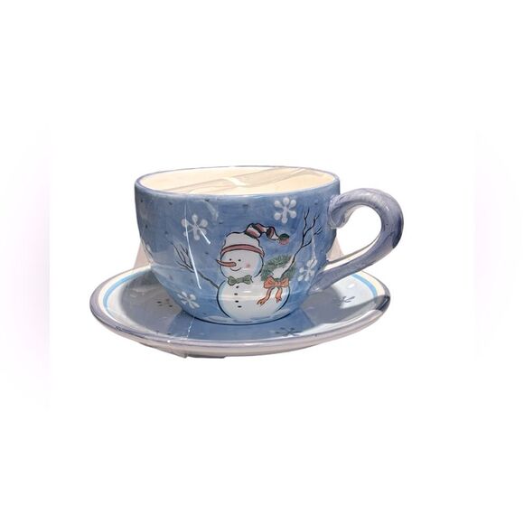 Pacific Rim Snowman Pottery Soup Cup Saucer Set - Picture 1 of 8